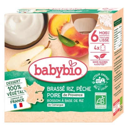 Babybio Desserts végétaux bébé Brassé Riz Pêche Poire de Provence, pack de 4 sachets de 85 g. Vegan, sans sucre ajouté, fabriqué en France. Présente une texture lisse et de jolies illustrations de fruits sur l'emballage. Dakar