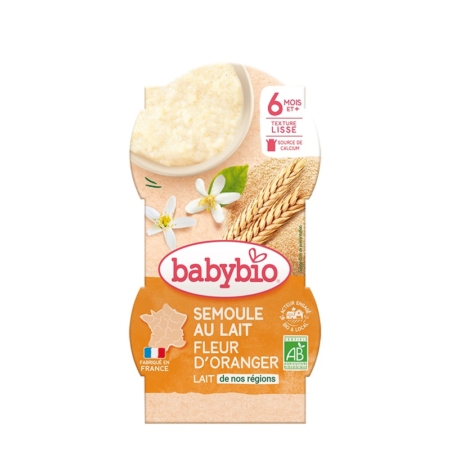 Façade du paquet de 2x100g de babybio Desserts Lactés Bébé Semoule au Lait Fleur d'Oranger, montrant des fleurs de blé et d'oranger, logos français et bio, convient aux bébés à partir de 6 mois. Dakar