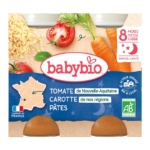 Le conditionnement Babybio Tomate de Nouvelle-Aquitaine Carotte de nos régions Pâtes Petits pots 2x200g présente sur l'étiquette des pots avec pâtes, tomate, carotte et couscous, mettant en avant les certifications bio et locales. Dakar