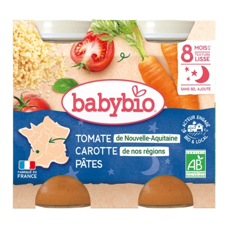Le conditionnement Babybio Tomate de Nouvelle-Aquitaine Carotte de nos régions Pâtes Petits pots 2x200g présente sur l'étiquette des pots avec pâtes, tomate, carotte et couscous, mettant en avant les certifications bio et locales. Dakar