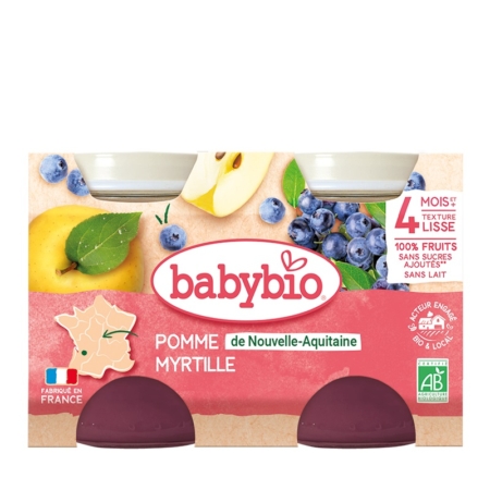 Babybio Pomme Myrtille 4 Mois et + Bio comprend deux pots de 130g de purée de pommes et de myrtilles bio pour les bébés de 4 mois et plus, avec un étiquetage français mettant en avant les pommes et les myrtilles. Fabriqué en France. Dakar