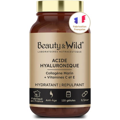 Un flacon marron de Beauty&Wild Booster Libido Naturel avec un bouchon doré, étiquette française, 120 gélules, avec des informations sur le produit et conçu pour soutenir l'amélioration naturelle de la libido. Dakar