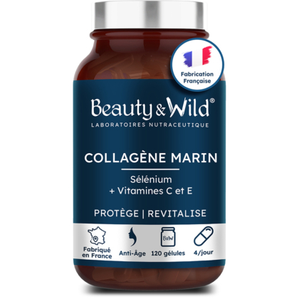 Un flacon marron étiqueté « Beauty&Wild Booster Libido Naturel 120 Gélules ». L'étiquette mentionne une fabrication française, contient 120 gélules et recommande 4 gélules par jour. Dakar