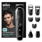 La Tondeuse Braun Homme 6 en 1 Series 3 MGK3410 Noir avec Batterie comprend une tondeuse, quatre peignes et des outils de précision pour la barbe et le coiffage, le tout dans une boîte élégante à l'effigie d'un homme. Dakar