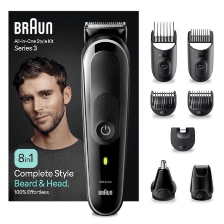La Tondeuse Braun Homme 6 en 1 Series 3 MGK3410 Noir avec Batterie comprend une tondeuse, quatre peignes et des outils de précision pour la barbe et le coiffage, le tout dans une boîte élégante à l'effigie d'un homme. Dakar