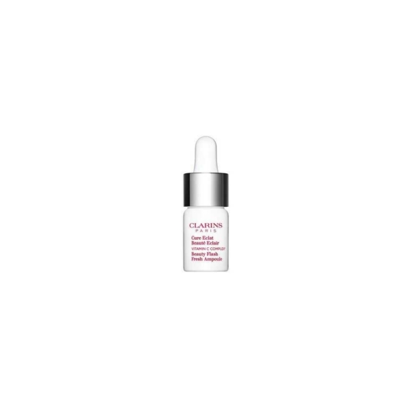 Une petite Ampoule Clarins Cure Eclat Beauté Eclair Fresh 8 ml avec compte-gouttes, bouchon argenté et étiquette blanche sur fond uni, à associer à votre coffret double sérum texture légère pour un soin jeunesse complet. Dakar