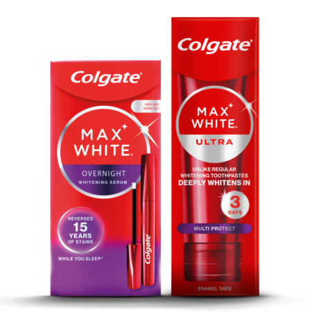 Le set complet Colgate Max White Ultra comprend un sérum blanchissant de nuit (boîte rouge et violette) et un dentifrice Ultra (boîte rouge), tous deux conçus pour un blanchiment en profondeur et une élimination efficace des taches. Dakar