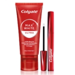 Un tube de dentifrice Colgate Set Max White Ultra Complete se trouve à côté d'un sérum blanchissant ouvert assorti avec un applicateur blanc. Les deux sont debout sur un fond blanc. Dakar