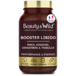 Un flacon marron étiqueté « Beauty&Wild Booster Libido Naturel 120 Gélules » contient de la maca, du ginseng, du gingembre et du tribulus. L'étiquette met en avant la performance, l'énergie et la fabrication française grâce à des icônes en bas. Dakar