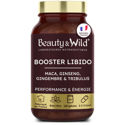 Un flacon marron étiqueté « Beauty&Wild Booster Libido Naturel 120 Gélules » contient de la maca, du ginseng, du gingembre et du tribulus. L'étiquette met en avant la performance, l'énergie et la fabrication française grâce à des icônes en bas. Dakar