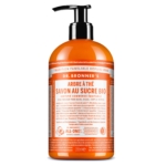 Un flacon pompe de 355 ml de Savon Liquide Arbre à Thé Dr. Bronner's avec une étiquette française blanche et orange affichant les détails du produit et la marque. Dakar