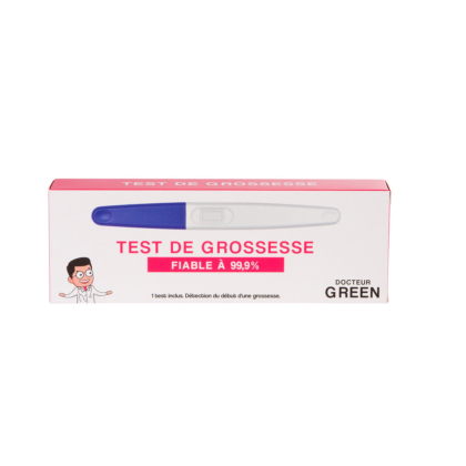 Une boîte de Dr Green Test de Grossesse Fiable 1 Pièce, étiquetée "TEST DE GROSSESSE FIABLE À 99,9%", présente une illustration d'un médecin souriant et du Test de Grossesse Gilbert sur l'emballage de Docteur Green. Dakar