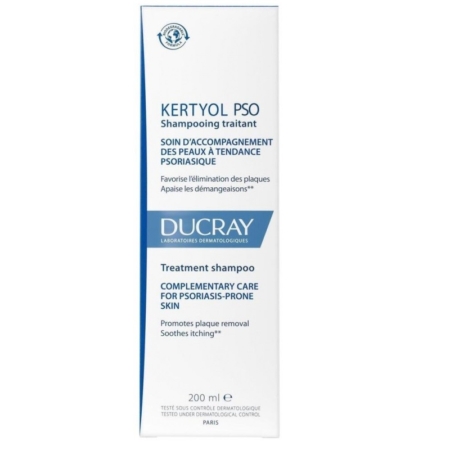 Vue frontale d'une boîte blanche de Ducray Kertyol P.S.O Shampoing Traitant 200 ml avec texte en français et en anglais pour les peaux sujettes au psoriasis ; favorise l'élimination des plaques et apaise les démangeaisons. Dakar