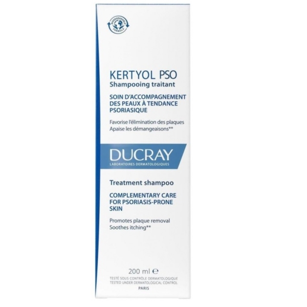 Vue frontale d'une boîte blanche de Ducray Kertyol P.S.O Shampoing Traitant 200 ml avec texte en français et en anglais pour les peaux sujettes au psoriasis ; favorise l'élimination des plaques et apaise les démangeaisons. Dakar