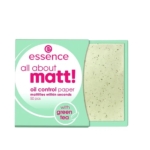 Essence Papier Matifiant contre Visage Huileux All About Matt ! 50 Pièces est livré dans un emballage vert menthe avec un texte blanc et rose, partiellement ouvert pour exposer les papiers buvards à l'intérieur. Dakar