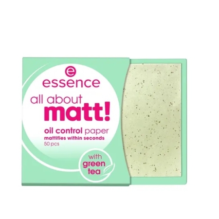 Essence Papier Matifiant contre Visage Huileux All About Matt ! 50 Pièces est livré dans un emballage vert menthe avec un texte blanc et rose, partiellement ouvert pour exposer les papiers buvards à l'intérieur. Dakar
