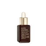 Un flacon brun foncé de 15 ml d'Estée Lauder Advanced Night Repair Serum Complexe Multi-Réparation Synchronisée, avec un bouchon compte-gouttes doré et blanc et un élégant texte blanc et doré détaillant le produit sur le devant. Dakar