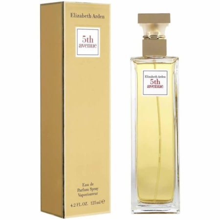 Un flacon d'Elizabeth Arden 5th Avenue Eau De Parfum Femme 125ml se trouve à côté de son coffret en or, tous deux arborant la marque emblématique 5th Avenue. Dakar
