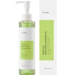Un flacon transparent avec une pompe, étiqueté "Iunik Huile Nettoyante à la Centella Asiatica Green Fresh 200 ml", se trouve à côté de sa boîte blanche et verte assortie, toutes deux présentant les détails du produit et le volume de 200 ml (6,7 fl. oz). Dakar