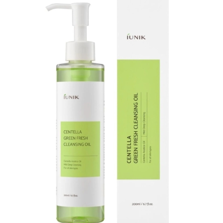 Un flacon transparent avec une pompe, étiqueté "Iunik Huile Nettoyante à la Centella Asiatica Green Fresh 200 ml", se trouve à côté de sa boîte blanche et verte assortie, toutes deux présentant les détails du produit et le volume de 200 ml (6,7 fl. oz). Dakar