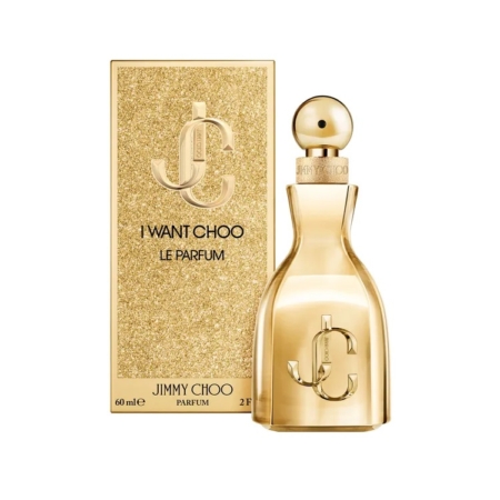 Le flacon doré de Jimmy Choo I Want Choo Eau de Parfum 60ml se trouve à côté de sa boîte dorée pailletée, tous deux portant les initiales JC et la marque Jimmy Choo en or métallisé. Dakar