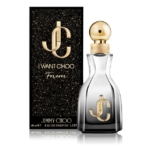 Un flacon de 40 ml de l'Eau de Parfum Jimmy Choo I Want Choo Forever avec un bouchon et un logo dorés est présenté devant son coffret noir et or pailleté, tous deux portant le nom du produit et de la marque. Dakar
