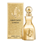 Un flacon doré de Jimmy Choo I Want Choo Eau de Parfum 40ml est posé à côté de sa boîte dorée pailletée assortie, tous deux portant le logo Jimmy Choo et le nom du produit. Dakar