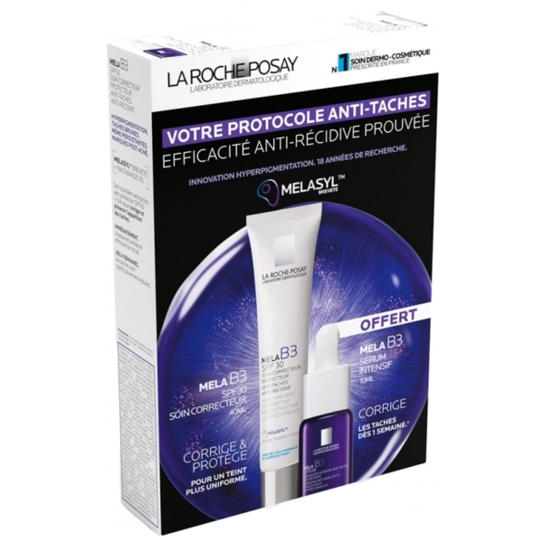 La boîte du kit La Roche-Posay Mela B3 Soin Correcteur Anti-Taches SPF30 40 ml & Sérum Concentré Anti-Taches 10 ml Offert présente la routine avec des images de sérum et de crème sur un fond violet, soulignant les bénéfices anti-taches en français. Dakar