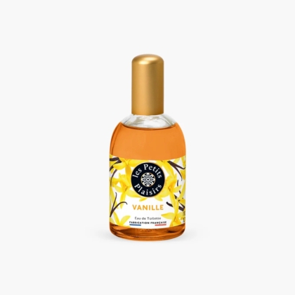 Flacon de 110 ml d'Eau de toilette vanille Les Petits Plaisirs avec un bouchon doré, un motif de feuilles jaunes et blanches et une étiquette française comportant le nom du produit. Dakar