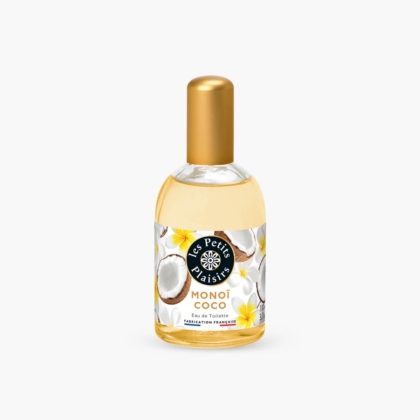 Flacon de 110 ml d'Eau de toilette Monoï Coco Les Petits Plaisirs au bouchon doré, orné d'une étiquette en noix de coco et fleur jaune sur fond blanc. Dakar