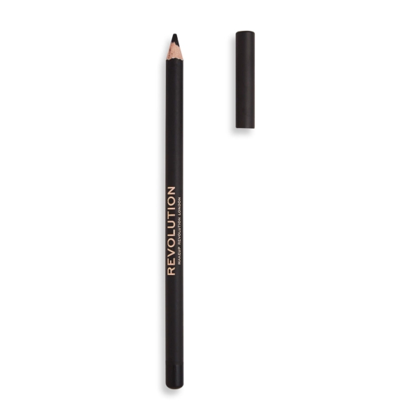 Un MakeUp Revolution Crayon Eye-liner Marron Longue Tenue de 1,30 g est présenté, avec "REVOLUTION" en lettres dorées sur le corps et la pointe aiguisée visible, prêt à l'application. Dakar