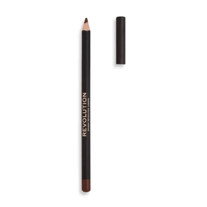 Un crayon MakeUp Revolution Crayon Eye-liner Brown de 1,30 g, dont le capuchon a été retiré, est présenté sur un fond blanc, avec la mention "REVOLUTION" en lettres dorées sur sa surface. Dakar