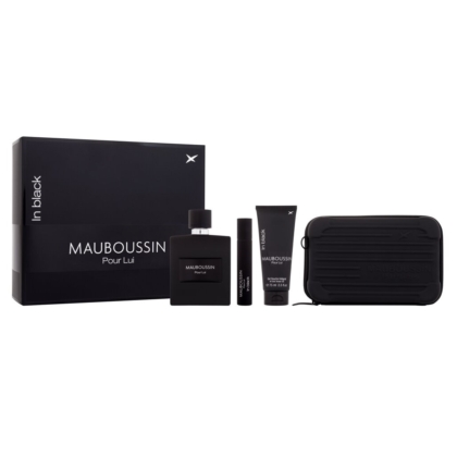 Le Coffret Cadeau Homme Pour Lui In Black 3 Pièces de Mauboussin comprend un flacon de parfum noir, un tube noir, un vaporisateur et une pochette zippée dans un coffret cadeau, soigneusement disposés sur un fond blanc. Dakar