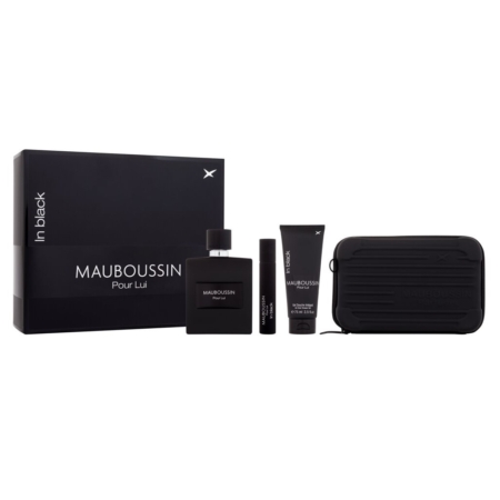 Le Coffret Cadeau Homme Pour Lui In Black 3 Pièces de Mauboussin comprend un flacon de parfum noir, un tube noir, un vaporisateur et une pochette zippée dans un coffret cadeau, soigneusement disposés sur un fond blanc. Dakar