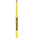 Un crayon eyeliner rétractable jaune Maybelline The Colossal Kajal 4g avec marquage noir se tient debout, le capuchon enlevé pour montrer la pointe noire, à côté d'un crayon à sourcils Maybelline MASTER SHAPE à double extrémité. Dakar