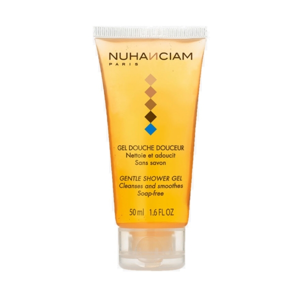 Un tube de 50 ml de Nuhanciam Gel Douche, présentant un dessin orange dégradé avec un motif en forme de diamant, est étiqueté "Nettoie et adoucit" et "Sans savon". Dakar