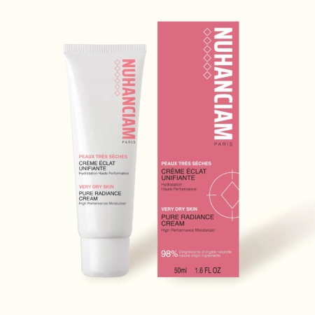 Un tube et une boîte de 50ml de Nuhanciam Crème Éclaircissante Anti Taches Visage pour les peaux très sèches, dans un emballage blanc et rose avec des détails en anglais et en français. Dakar