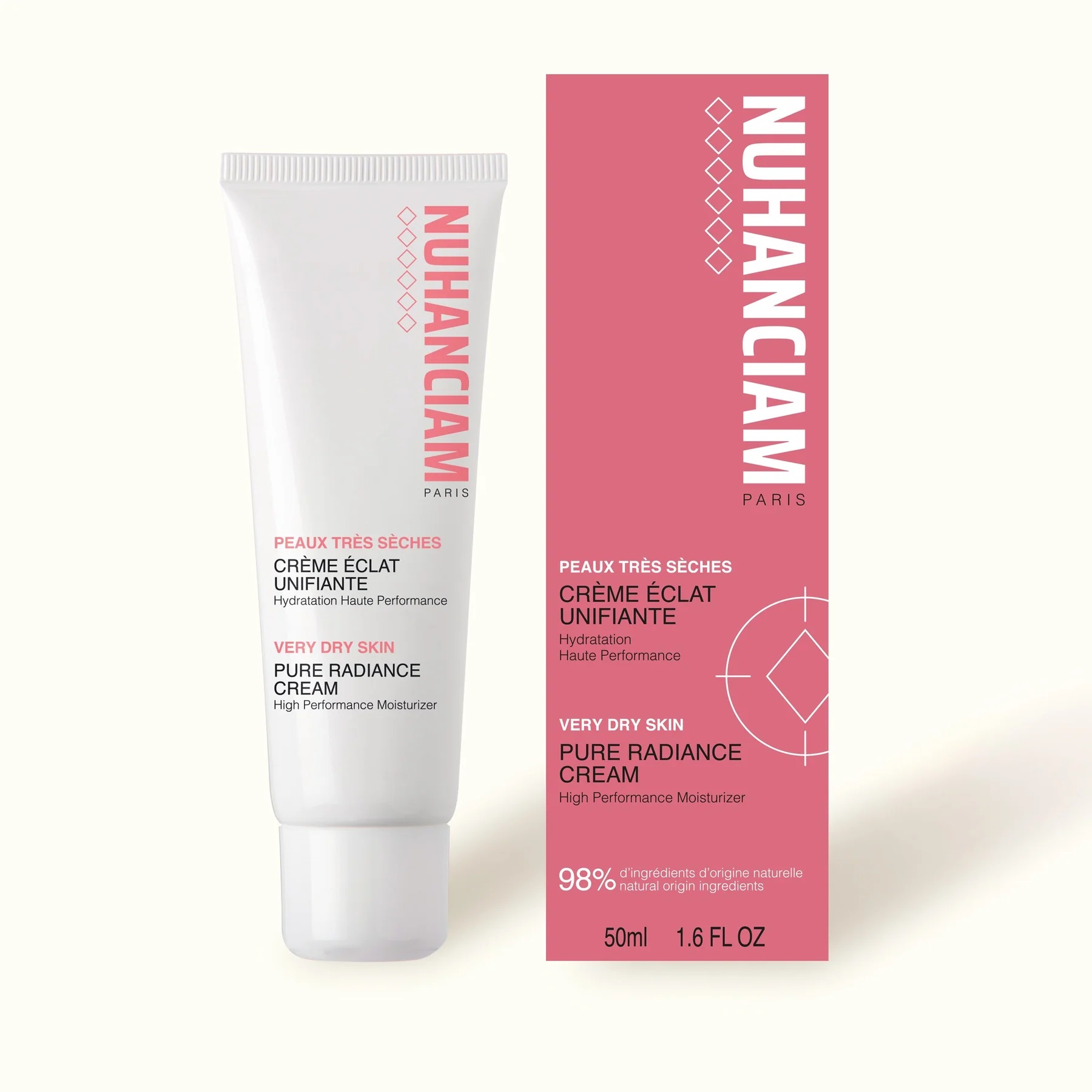 Un tube et une boîte de 50ml de Nuhanciam Crème Éclaircissante Anti Taches Visage pour les peaux très sèches, dans un emballage blanc et rose avec des détails en anglais et en français. Dakar