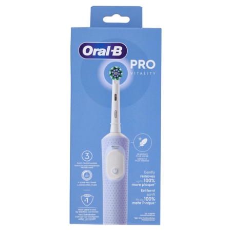 Un paquet de Oral Brosse à Dents Electrique Vitality Pro CrossAction Bleu, une brosse à dents électrique blanche et bleue avec une tête ronde, qui élimine la plaque dentaire en douceur et dispose d'une minuterie intégrée. Dakar
