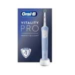 Un Oral Brosse à Dents Electrique Vitality Pro CrossAction Bleu se tient debout sur sa base de chargement devant la boîte, avec le logo Oral-B et le graphisme du bouclier, et ressemble au Philips Sonicare Brosse à Dents Électrique Blanche par son style. Dakar