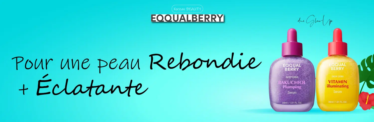 Deux flacons de sérum de soin Equalberry d'Univers Cosmetix, un violet (repulpant) et un jaune (illuminant), sur un fond bleu avec des feuilles tropicales et le texte français "Pour une peau Rebondie + Éclatante". Dakar