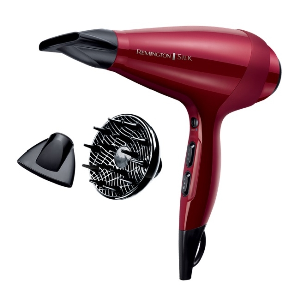 Le Remington Pro Silk AC9096 Sèche Cheveux, présenté en rouge avec un embout noir, est livré avec deux accessoires détachables - un concentrateur et un diffuseur pour coiffer les boucles - semblables à ceux du BaByliss Sèche Cheveux Boucles Définies. Dakar