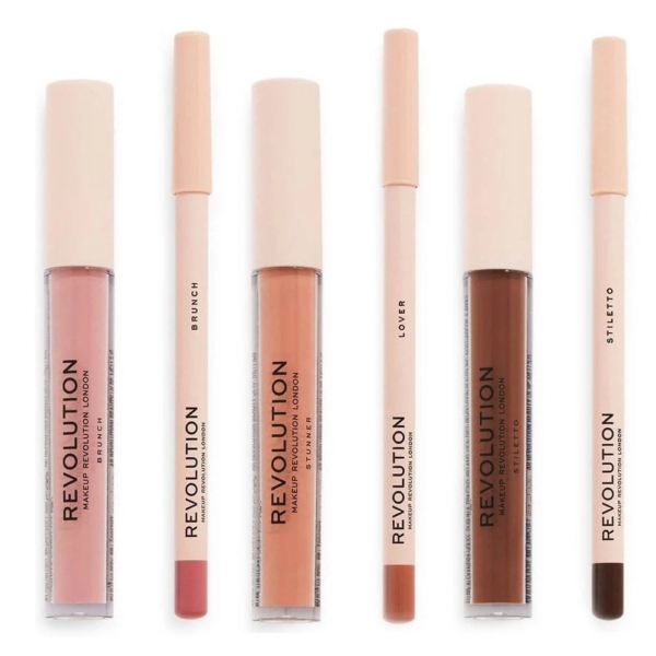 Cinq produits Makeup Revolution pour les lèvres sont disposés verticalement : trois rouges à lèvres liquides dans des tons nude variés et deux crayons à lèvres assortis, intitulés Brunch, Lover et Stiletto, tous dans des tons roses et bruns neutres. Dakar