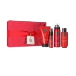 A Rituals The Ritual of Ayurveda Coffret cadeau - une boîte cadeau rouge avec étiquette et ruban assortis - à côté de quatre produits de soin : un tube, un vaporisateur et deux flacons, tous ornés d'élégants motifs floraux. Dakar