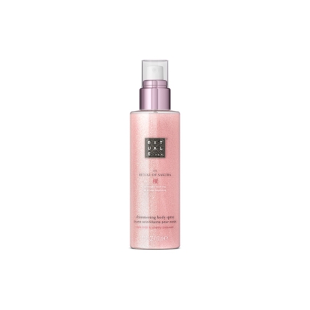 Un flacon rose et scintillant de 150ml de RITUALS The Ritual Of Sakura Brume Scintillante Pour Corps avec un bouchon argenté et une pompe blanche est présenté sur un fond blanc. Dakar