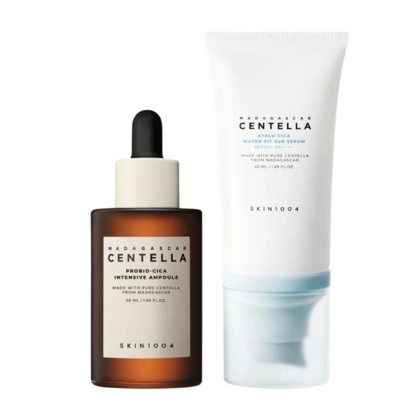 Découvrez une peau radieuse et nourrie avec le Coffret Duo Centella Glow 1004 Madagascar de Skin1004, comprenant l'Ampoule Intensive Probio-Cica et le Sérum Solaire Hyalu-Cica Water-Fit. Dakar