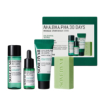 Le kit de démarrage miracle anti-imperfections SOME BY MI AHA-BHA-PHA 30 jours comprend un toner, un sérum, une crème et un pain de savon dans un emballage vert et blanc, le tout présenté avec une boîte verte assortie SOME BY MI en arrière-plan. Dakar