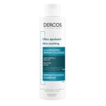 Un flacon blanc de Vichy Dercos Shampoing Ultra Apaisant pour Cheveux Normaux à Gras 200 ml avec un texte bleu et noir et un bouchon flip-top. Dakar