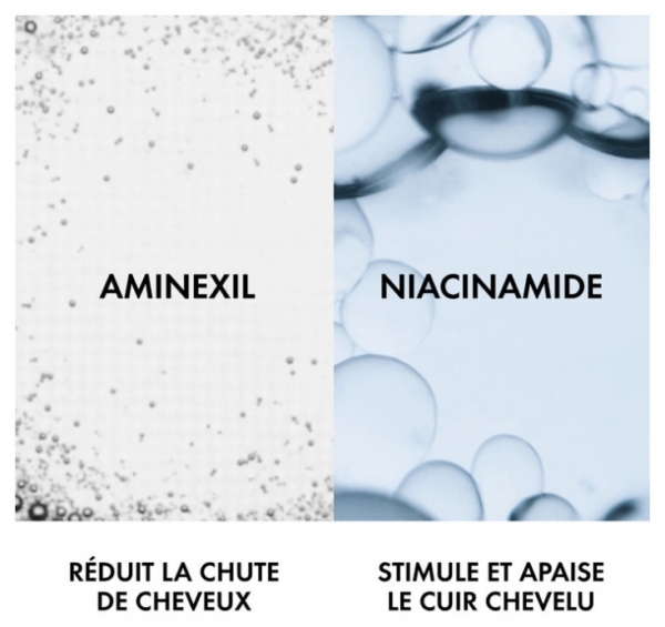 Une image divisée : à gauche avec de petites bulles et "AMINEXIL" - légendé "Réduit la chute de cheveux". À droite, des bulles plus grosses et "NIACINAMIDE", plus Vichy Dercos SEnergy+ Shampoing Stimulant pour Cheveux 200 ml, "Stimule et apaise le cuir chevelu. Dakar