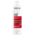 Un flacon blanc de 200 ml de Vichy Dercos SEnergy+ Shampoing Stimulant pour Cheveux affiche un texte rouge et noir soulignant ses avantages en matière de lutte contre la perte de cheveux et de traitement de la chute des cheveux. Dakar